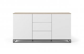 Buffet WHITY 2 blanc mat 180cm 2 portes/3 tiroirs Plateau en bois de chêne clair avec pieds noir métal